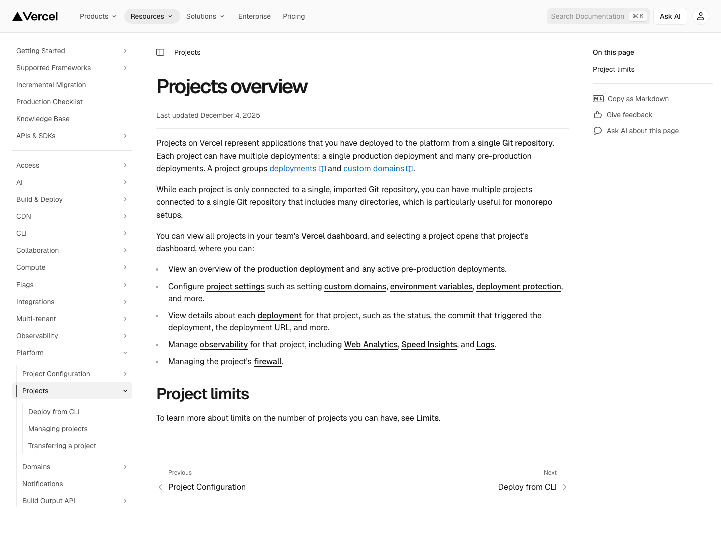 Vercel Projects 文档页面截图